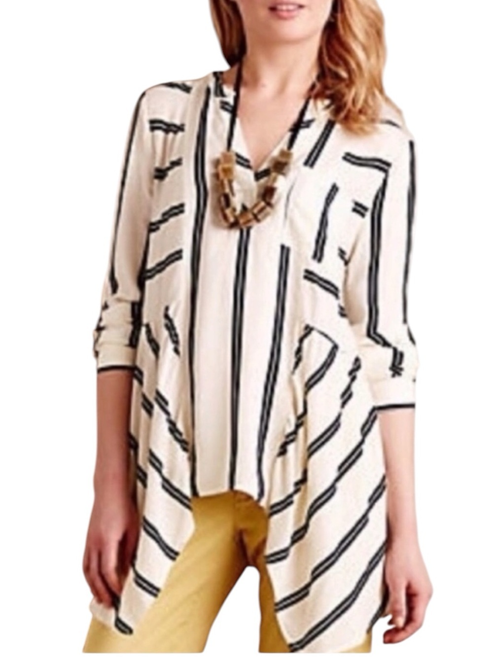 Maeve Women’s Sz 8 Popover
Tunic Ivory Black Stripes
Asymmetric Hem Long Sleeve